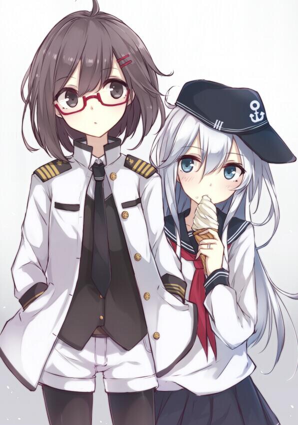 2girls anchor_symbol berukko blue_eyes blush brown_eyes brown_hair character_request food food_on_face glasses hair_ornament hairclip hands_in_pockets hat hibiki_(kantai_collection) ice_cream jpeg_artifacts kantai_collection long_hair long_sleeves military military_uniform multiple_girls necktie open_clothes open_jacket pantyhose pleated_skirt red-framed_glasses sailor_collar school_uniform serafuku short_hair shorts skirt soft_serve uniform vest white_hair