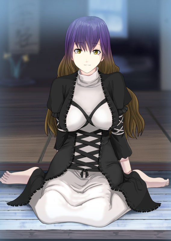 1girl arm_ribbon barefoot black_dress blurry breasts brown_hair depth_of_field dress gradient_hair hijiri_byakuren large_breasts layered_dress long_hair looking_at_viewer multicolored_hair purple_hair raybar sitting solo tatami touhou wariza white_dress