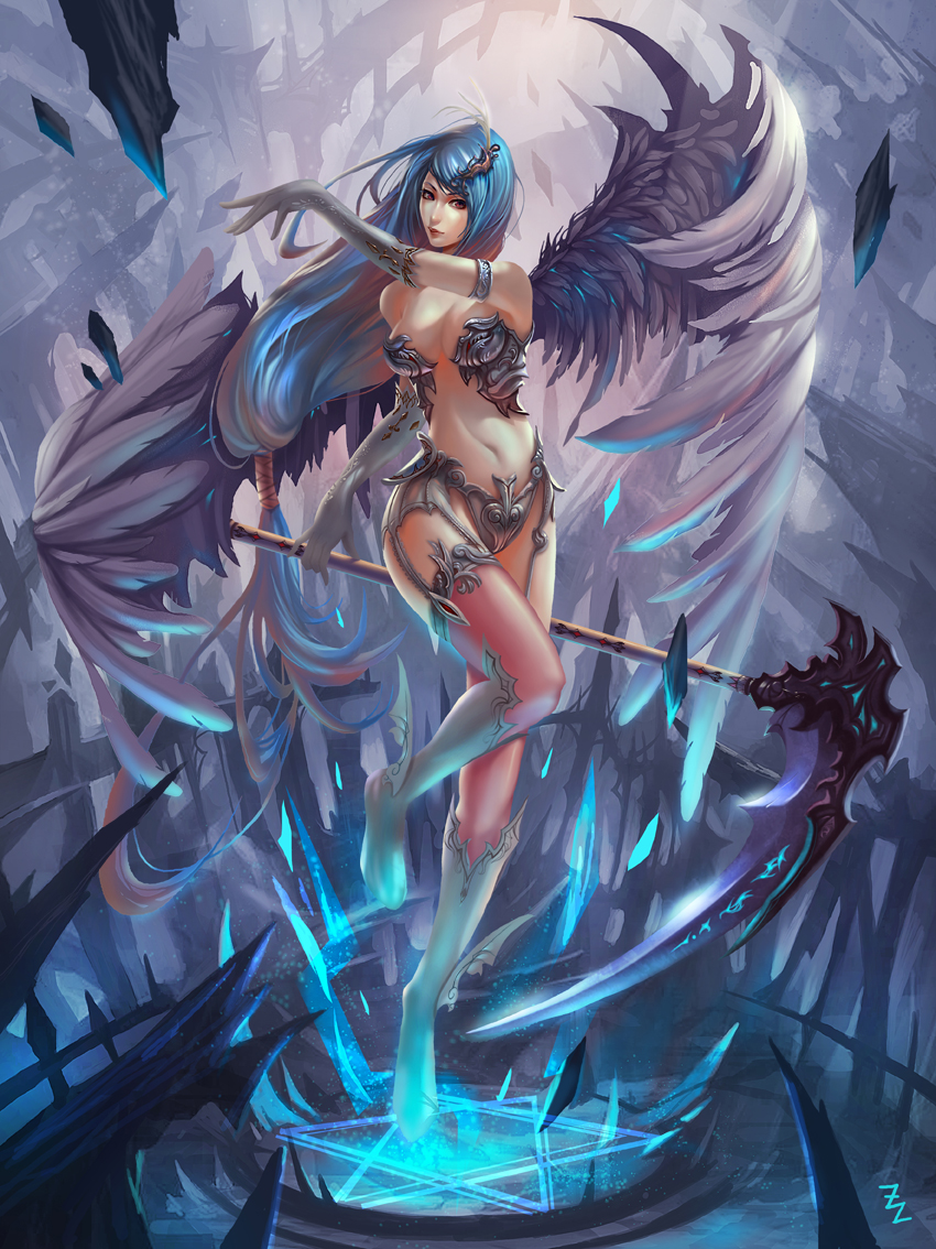 1girl angel angel_wings blue_hair breasts cleavage large_breasts long_hair midriff original red_eyes scythe solo wings zudarts_lee