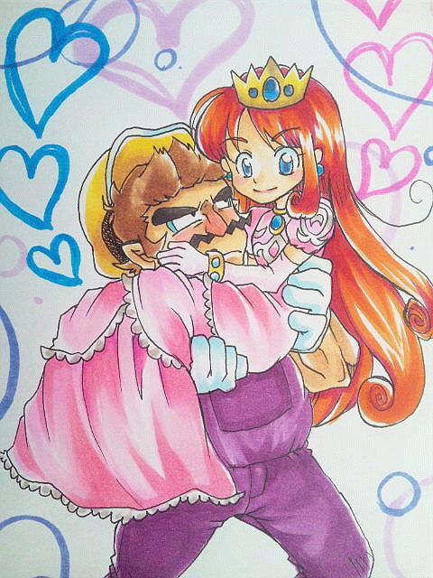 1boy 1girl blue_eyes bracelet brown_hair carrying crown dress earrings elbow_gloves eyebrows facial_hair gem gloves heart jewelry long_hair super_mario_bros. mustache omu_(sinsindan) overalls princess princess_carry redhead shokora-hime smile thick_eyebrows wario wario_land white_gloves