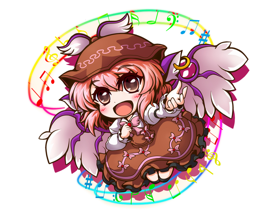 1girl animal_ears bow chibi dress hand_on_own_chest hat kiki_fushigi musical_note mystia_lorelei open_mouth outstretched_arm pink_hair red_eyes short_hair simple_background singing smile solo touhou white_background wings