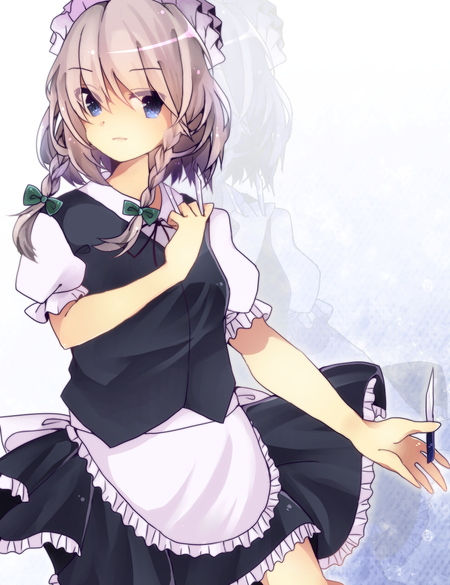 1girl apron blue_clothes blue_eyes blue_skirt braid hair_ribbon holding_knife izayoi_sakuya looking_at_viewer looking_to_the_side maid maid_apron maid_headdress puffy_short_sleeves puffy_sleeves ribbon short_hair short_sleeves silver_hair skirt solo touhou tress_ribbon twin_braids