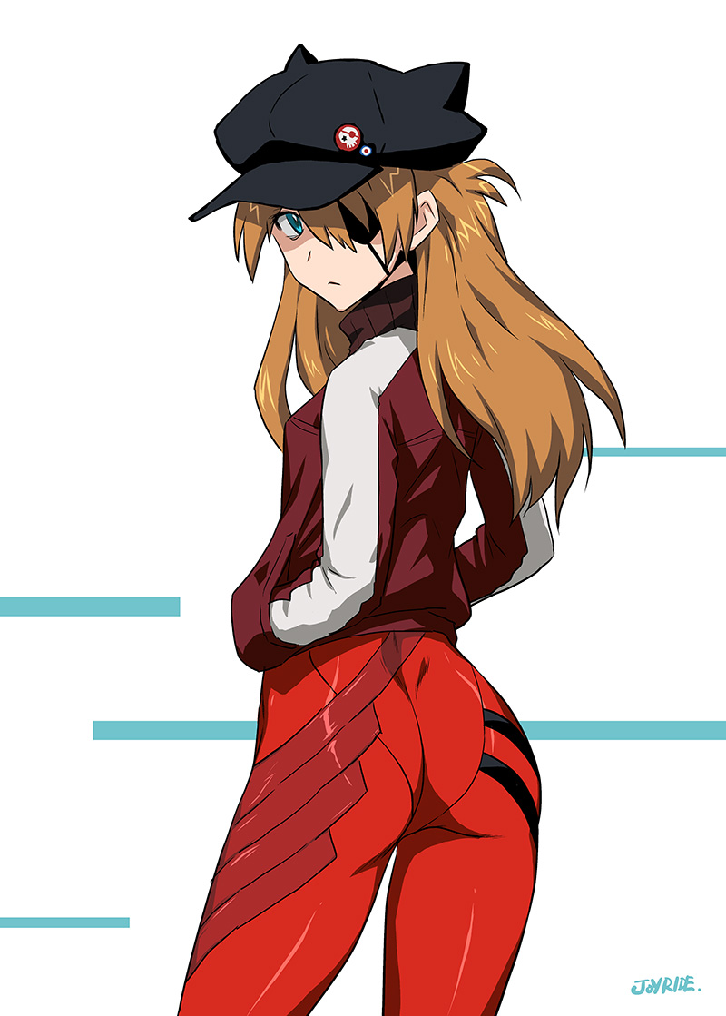 1girl animal_hat ass bandages blue_eyes bodysuit brown_hair cat_hat evangelion:_3.0_you_can_(not)_redo eyepatch from_behind hands_in_pockets hat joy_ride long_hair long_sleeves looking_back neon_genesis_evangelion plugsuit rebuild_of_evangelion shikinami_asuka_langley shiny shiny_clothes shiny_hair signature skin_tight solo souryuu_asuka_langley track_jacket