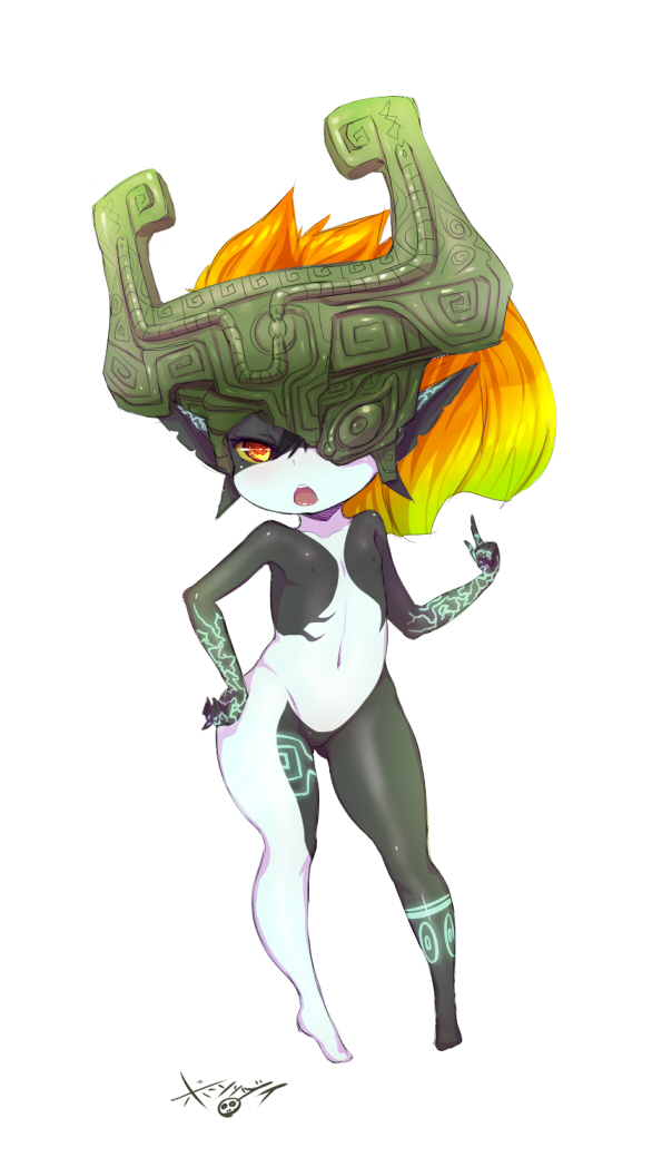 1girl black_skin born-to-die contrapposto flat_chest hand_on_hip helmet imp index_finger_raised long_hair midna neon_trim open_mouth orange_hair pointy_ears red_eyes solo the_legend_of_zelda tiptoes twilight_princess two-tone_skin white_skin wide_hips yellow_sclera