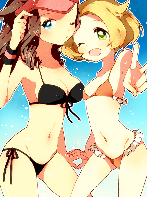 2girls bel_(pokemon) bell bikini blonde_hair blue_eyes brown_hair green_eyes hand_on_headwear happy hat holding_hands long_hair multiple_girls one_eye_closed pink_usagi pokemon short_hair smile swimsuit touko_(pokemon) v yuri