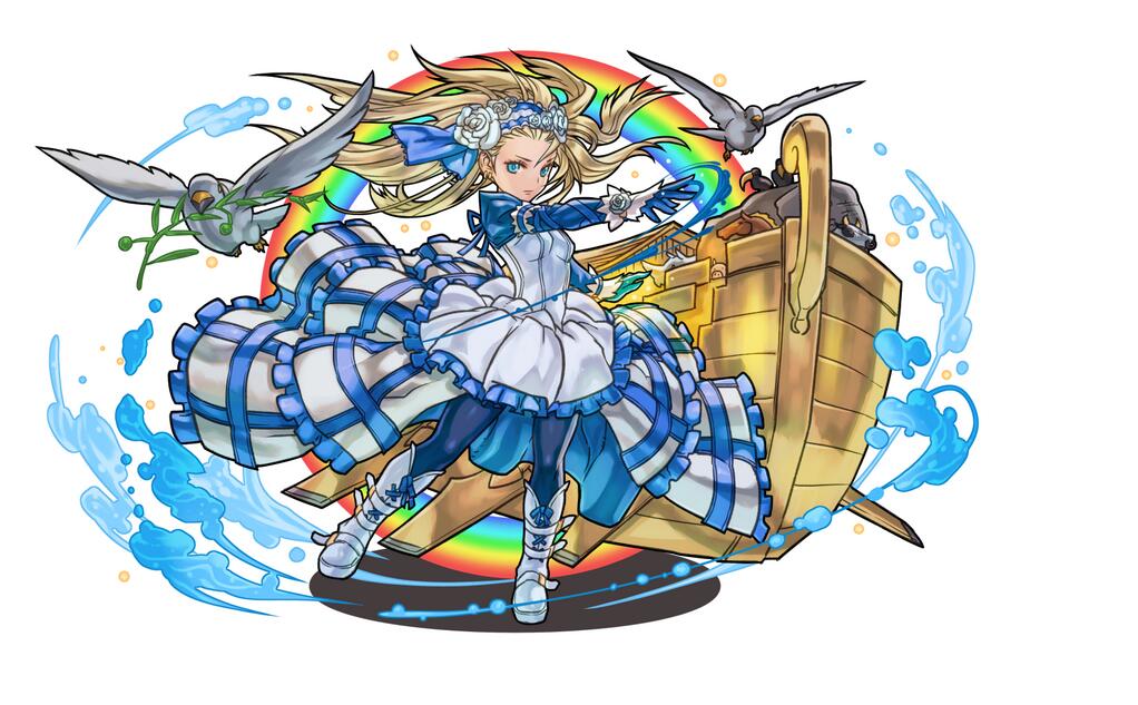 1girl animal bird blonde_hair blue_eyes blue_legwear boat boots branch christianity cow dress elephant flower frilled_dress frills hair_flower hair_ornament hairband headdress horse jpeg_artifacts lace-up_sleeves long_hair long_sleeves noah's_ark noah_(p&amp;d) official_art pantyhose puffy_long_sleeves puffy_sleeves puzzle_&amp;_dragons rainbow rhinoceros ribbon rose solo water white_boots white_dress white_flower white_rose