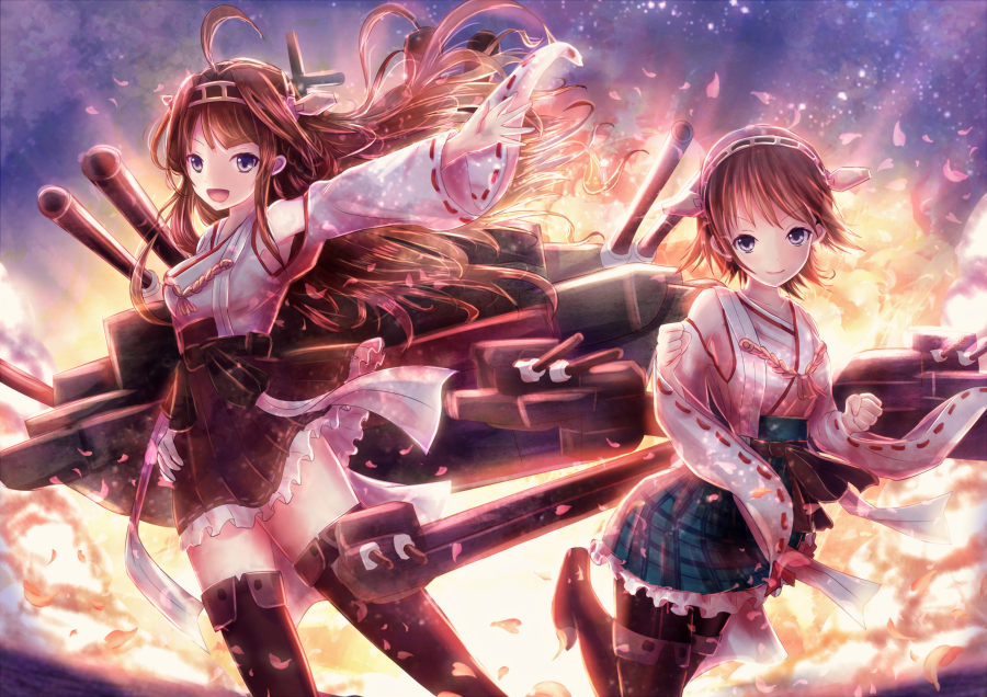 2girls :d brown_hair detached_sleeves hair_ornament hairband hiei_(kantai_collection) kantai_collection kongou_(kantai_collection) long_hair machinery multiple_girls non_(nobu) nontraditional_miko open_mouth petals pleated_skirt short_hair skirt smile tagme turret violet_eyes