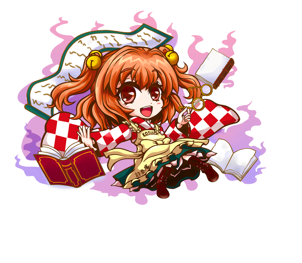 1girl apron bell book checkered checkered_skirt chibi glasses hair_bell hair_ornament kiki_fushigi long_sleeves looking_at_viewer motoori_kosuzu open_mouth red_eyes redhead round_glasses scroll short_hair simple_background skirt smile solo touhou twintails white_background wide_sleeves