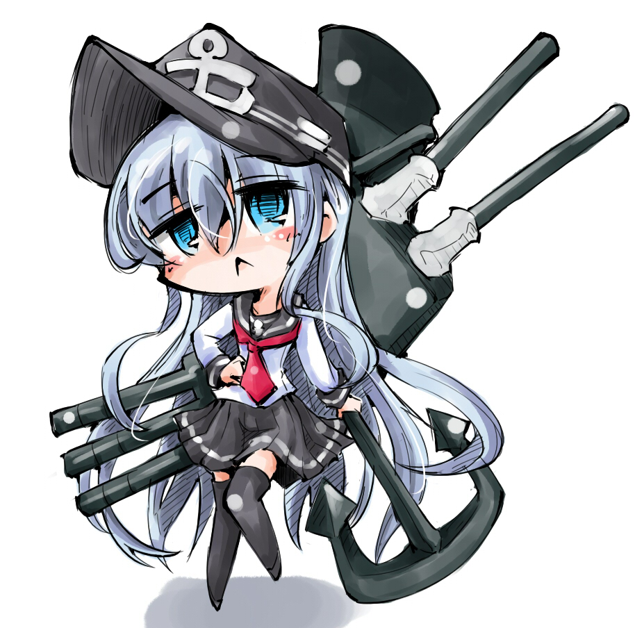 1girl :&lt; anchor anchor_symbol black_legwear chibi eating hat hibiki_(kantai_collection) kantai_collection long_hair machinery pleated_skirt school_uniform serafuku shinapuu silver_hair simple_background skirt solo thigh-highs turret white_background zettai_ryouiki