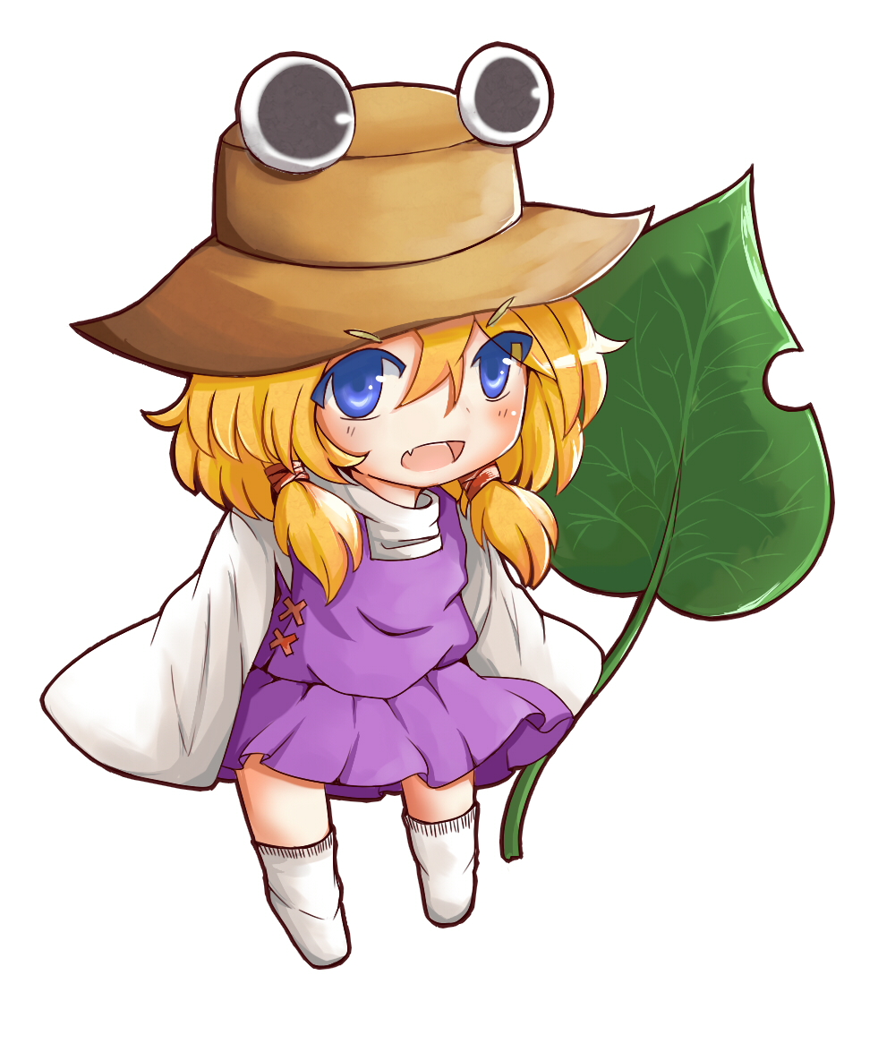 1girl blonde_hair blue_eyes child dress fang hair_ribbon hat leaf long_sleeves looking_at_viewer moriya_suwako open_clothes open_shirt oversized_clothes purple_dress ribbon satorichan shirt simple_background sleeves_past_wrists smile solo standing thigh-highs touhou white_background white_legwear wide_sleeves younger zettai_ryouiki