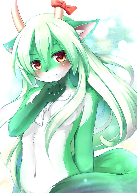 1girl animal_ears bangs blush blush_stickers breasts clenched_hand creature ex-keine fang furry horn_bow horns jpeg_artifacts kagerofu kamishirasawa_keine light_smile long_hair looking_at_viewer multicolored_hair navel nude red_eyes ribbon shadow small_breasts solo tail touhou