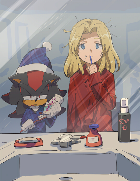 aoki_(fumomo) blonde_hair brushing_teeth maria_robotnik messy_hair mirror nightcap pajamas shadow_the_hedgehog sink sonic_the_hedgehog tired toothbrush toothpaste