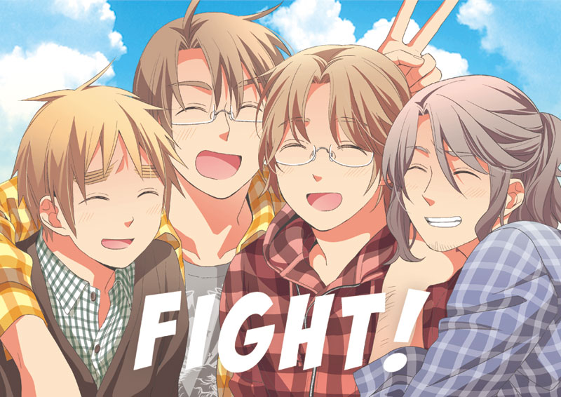 4boys arm_over_shoulder axis_powers_hetalia blonde_hair brown_hair character_request closed_eyes commentary_request english eyebrows facial_hair glasses hoodie iwaki_soyogo male multiple_boys open_mouth parted_lips plaid sky smile united_kingdom_(hetalia) v
