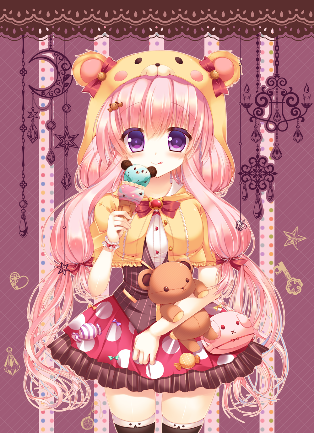 1girl :p animal_hood bear_hair_ornament bow carrying food hair_bow hair_ornament hair_ribbon highres holding hood ice_cream ice_cream_cone long_hair looking_at_viewer original pink_hair ribbon smile solo stuffed_animal stuffed_toy suzune_rena tagme teddy_bear thigh-highs tongue tongue_out violet_eyes wrist_cuffs zettai_ryouiki