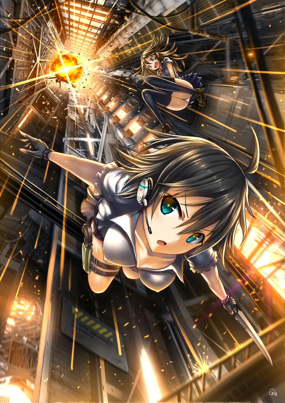 2girls black_hair blue_eyes brown_hair falling fingerless_gloves gia gloves gun highres holster long_hair multiple_girls original panties short_hair skirt thigh_holster underwear weapon