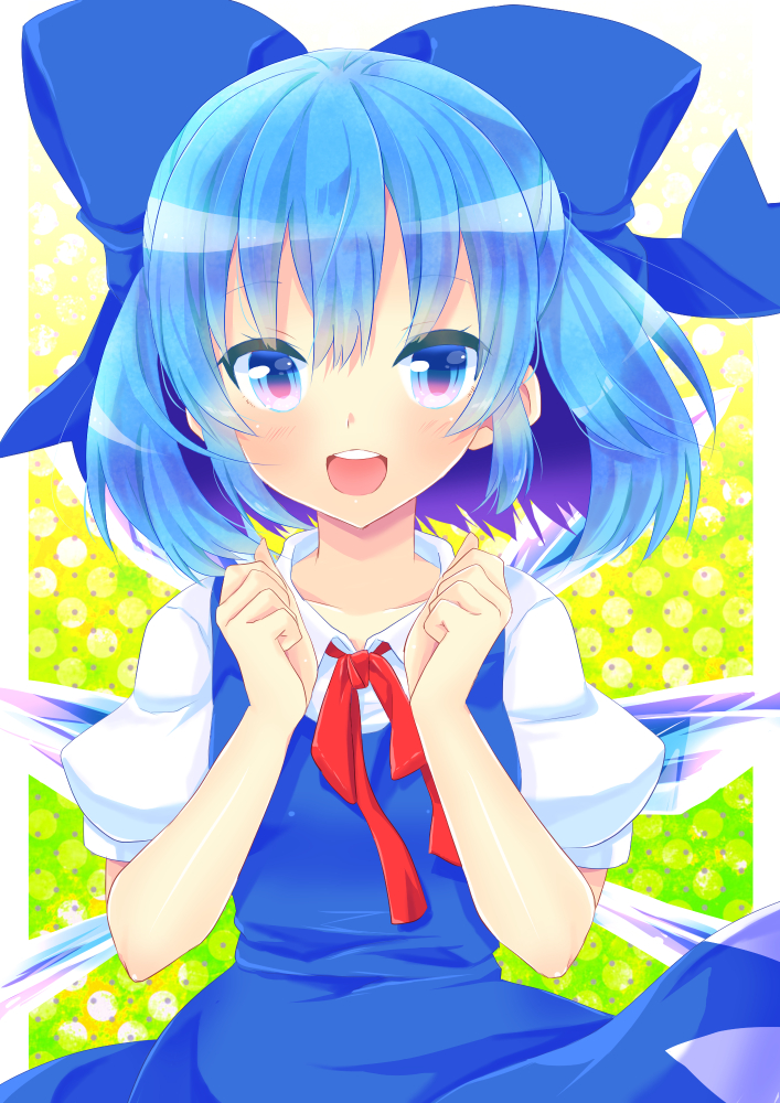 1girl blue_eyes blue_hair blush bow cirno gradient_eyes hair_bow ice ice_wings multicolored_eyes open_mouth pengin_guriko pink_eyes short_hair smile solo touhou wings