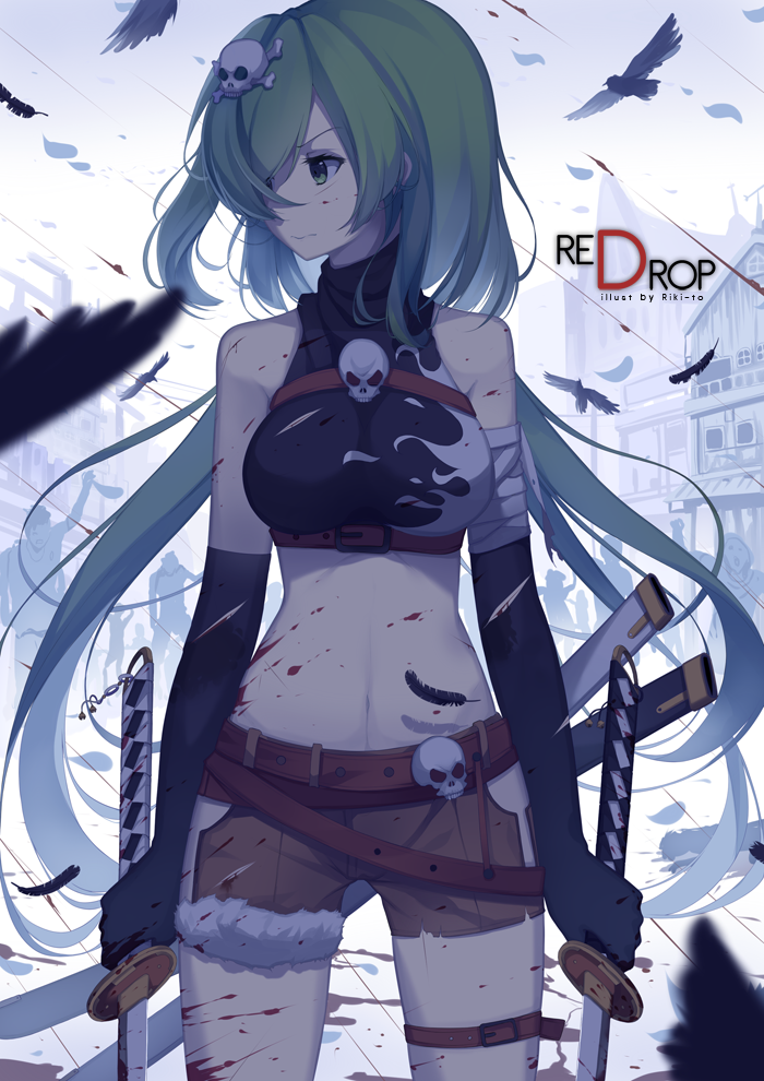 1girl artist_name bandaged_arm bandages bare_shoulders belt bird black_gloves blood blood_on_face blood_splatter breasts building crop_top dual_wielding elbow_gloves english feathers fur_trim gloves green_hair hair_ornament hair_over_one_eye halter_top halterneck holding holding_sword katana leg_belt long_hair looking_away midriff original rizky_(strated) shirt short_shorts shorts skull skull_and_crossbones skull_hair_ornament solo_focus sword very_long_hair weapon
