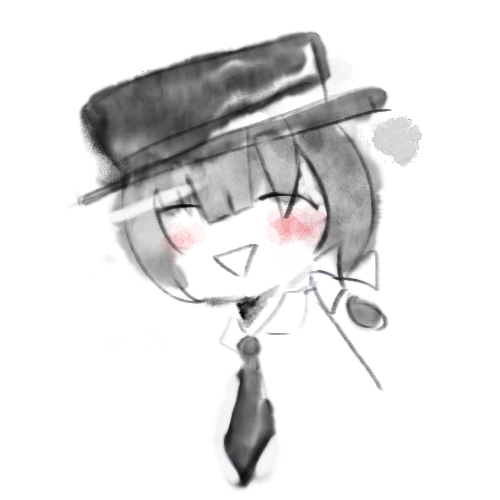 1girl black_hair black_necktie blush bow closed_eyes doodle faux_traditional_media hat hat_bow lowres necktie open_mouth side_ponytail simple_background smile solo timesoe touhou usami_renko white_background white_bow