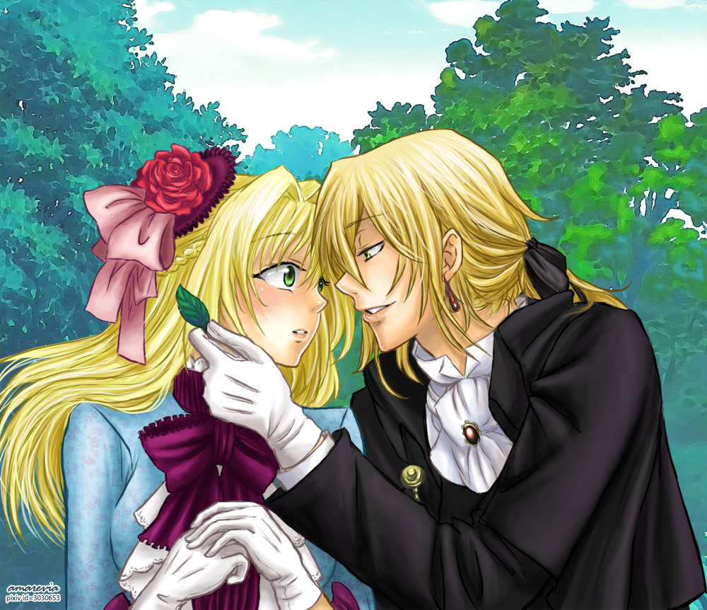 1boy 1girl ada_vessalius blonde_hair blush bow earrings formal green_eyes hair_ornament hair_ribbon hand_on_another's_face heterochromia jewelry long_hair open_mouth pandora_hearts ponytail ribbon short_hair smile tree vincent_nightray yellow_eyes