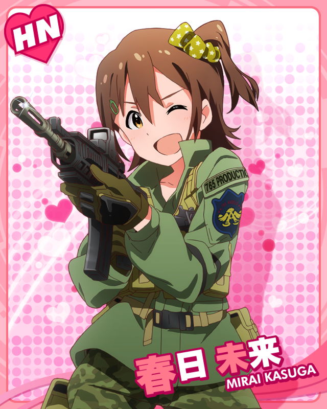 ;d aiming brown_hair character_name gloves gun hair_ornament hairclip idolmaster idolmaster_million_live! looking_at_viewer m4 official_art one_eye_closed open_mouth rifle side_ponytail smile weapon