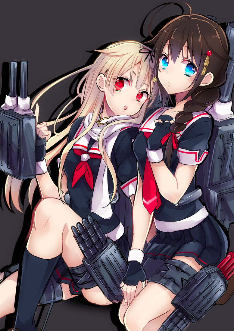 2girls @shimapan blonde_hair blue_eyes brown_hair hair_ornament kantai_collection multiple_girls personification red_eyes school_uniform serafuku shigure_(kantai_collection) yuudachi_(kantai_collection)