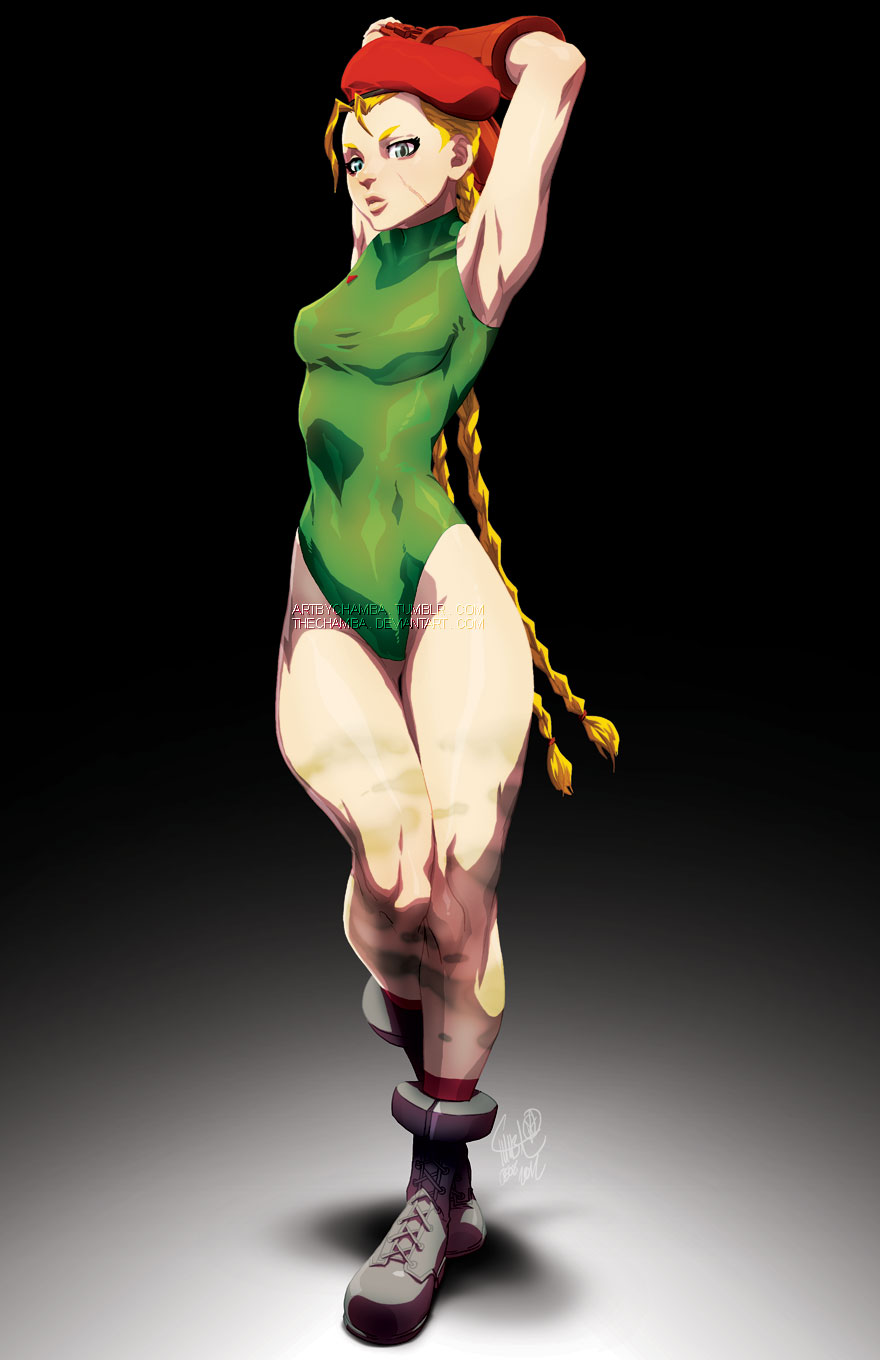 1girl antenna_hair armpits arms_up beret blonde_hair blue_eyes braid cammy_white camouflage combat_boots elbow_gloves fingerless_gloves full_body gloves hat highres jeffrey_cruz leotard long_hair scar small_breasts socks solo standing street_fighter twin_braids watermark web_address
