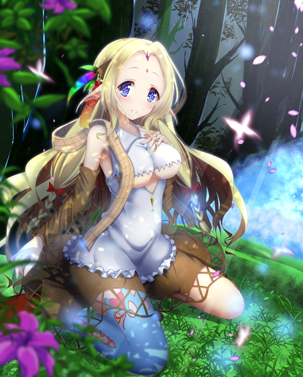 1girl blonde_hair blue_eyes breasts elf feel_nilvalen forehead_jewel highres long_hair no_game_no_life petals pointy_ears solo underboob very_long_hair ymd_(holudoun)