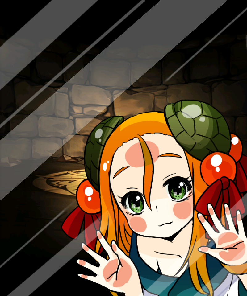 1girl :3 against_glass bare_shoulders collarbone fourth_wall glass green_eyes hair_bobbles hair_ornament hair_ribbon hair_strand long_hair looking_at_viewer meimei_(p&amp;d) off_shoulder orange_hair phone_screen phone_wallpaper pikomarie puzzle_&amp;_dragons red_ribbon reflection ribbon smile solo stone stone_wall wall wallpaper