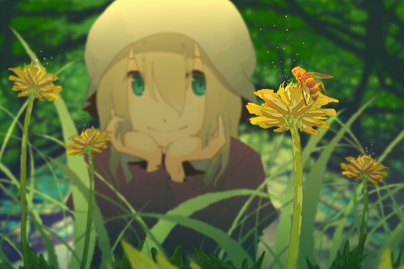 1girl bee blonde_hair blue_eyes blurry depth_of_field flower grass hand_on_own_chin hat long_sleeves maribel_hearn solo tokoroten_(hmmuk) touhou tree