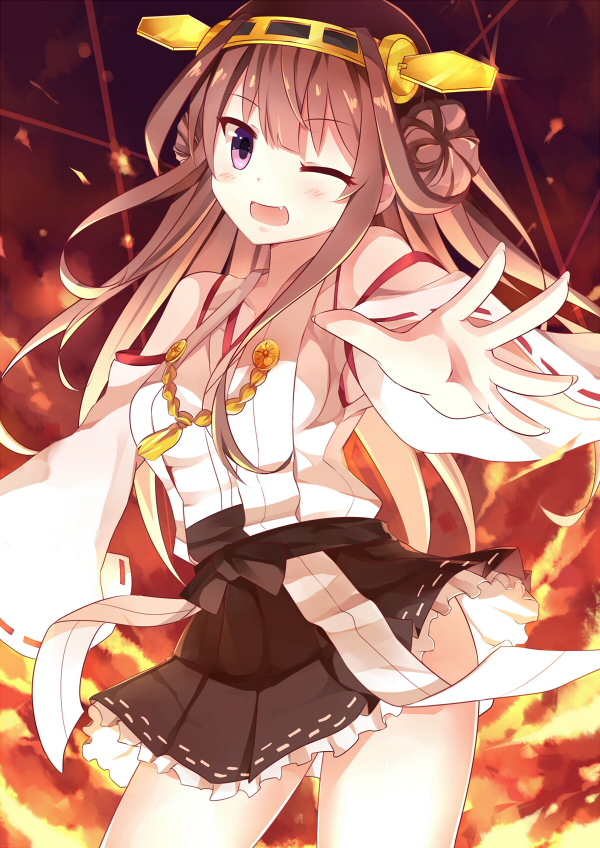 1girl ;d ahoge bare_shoulders breasts brown_hair closed_eyes detached_sleeves double_bun fang hairband headgear japanese_clothes kantai_collection kongou_(kantai_collection) long_hair looking_at_viewer mmrailgun nontraditional_miko one_eye_closed open_hand open_mouth pink_eyes rock skirt smile thigh-highs