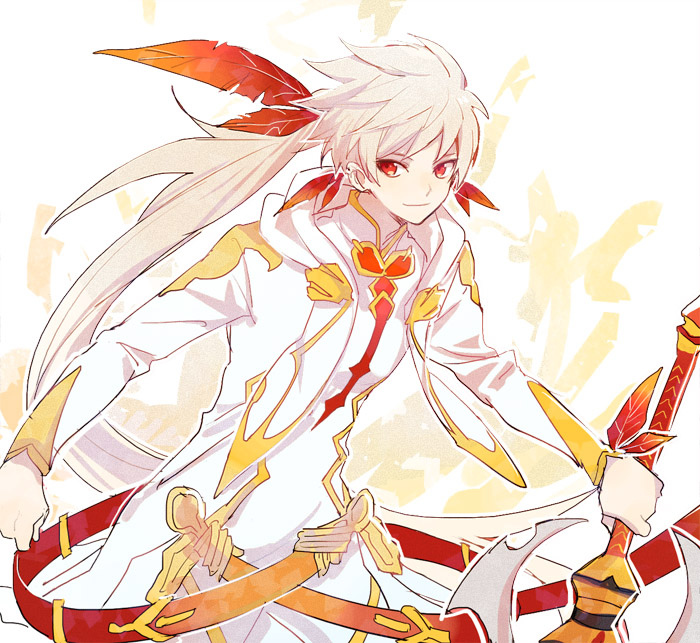 1boy albino coat feathers heke kamui_(tales_of_zestiria) laila_(tales) long_hair male ponytail red_eyes slay_(tales) smile solo sword tales_of_(series) tales_of_zestiria weapon white_hair