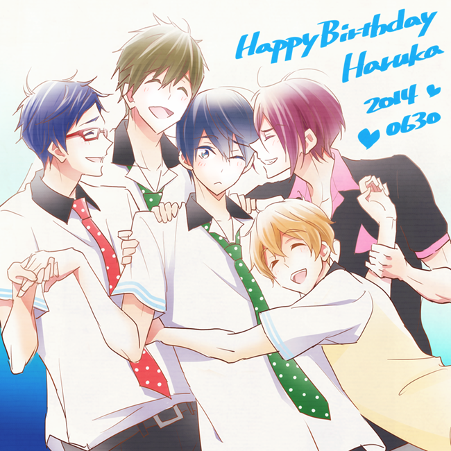 5boys birthday black_hair blonde_hair blue_eyes blue_hair brown_hair closed_eyes free! happy_birthday hazuki_nagisa hug matsuoka_rin multiple_boys nanase_haruka_(free!) necktie open_mouth redhead ryuugazaki_rei school_uniform smile tachibana_makoto