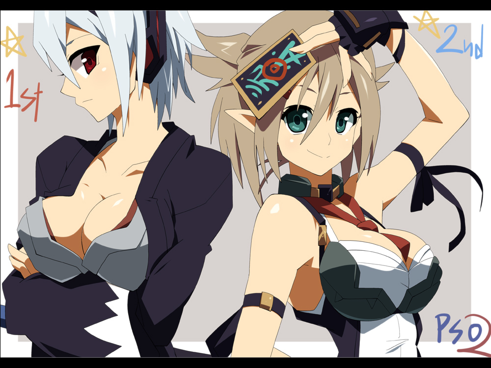 2girls arm_strap ascot bare_shoulders breasts brown_hair card character_request cleavage collar collarbone crossed_arms fingerless_gloves gloves green_eyes headphones long_sleeves multiple_girls newman ofuda phantasy_star phantasy_star_online_2 pointy_ears pointy_hair red_eyes shin'ya_(nanp) short_hair silver_hair sleeveless smile tagme wide_sleeves