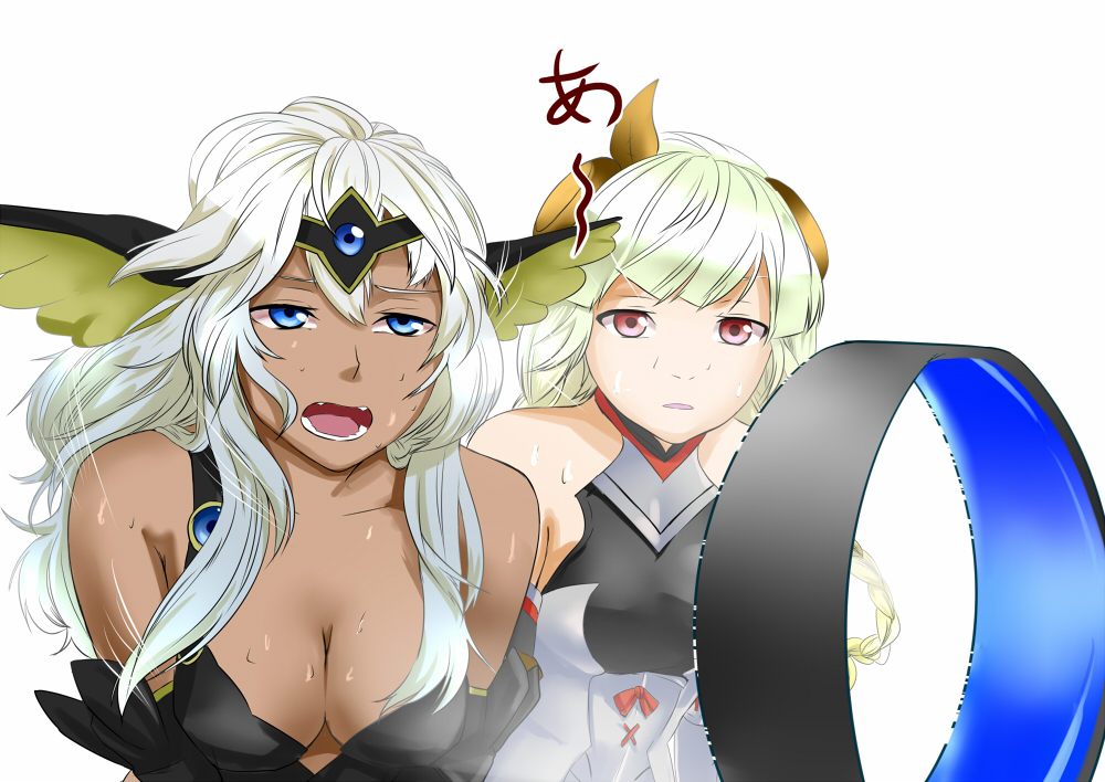 2girls angel angel_wings archangel_metatron_(p&amp;d) armor armored_dress bangs bare_shoulders black_dress black_gloves bladeless_fan blue_eyes blunt_bangs braid breasts circlet cleavage collarbone dark_angel_metatron_(p&amp;d) dark_skin dress dyson elbow_gloves fan feathered_wings gem gloves great_valkyrie_(p&amp;d) hair_ornament halterneck head_wings jewelry leaf leaf_hair_ornament long_hair looking_up multiple_girls open_mouth puzzle_&amp;_dragons red_eyes silver_hair simple_background single_braid sleeveless sleeveless_dress sweat tenamaru text valkyrie valkyrie_(p&amp;d) wavy_hair white_background wind wings