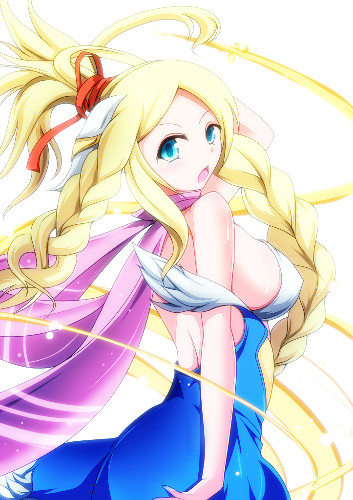 1girl arm_up bare_shoulders blonde_hair blue_dress blue_eyes braid breasts dress feathered_wings hair_ornament head_wings idunna_(p&amp;d) large_breasts long_hair looking_at_viewer looking_back merry_(diameri) open_mouth ponytail purple_scarf puzzle_&amp;_dragons scarf sideboob simple_background sleeveless sleeveless_dress solo twin_braids white_background white_wings wings