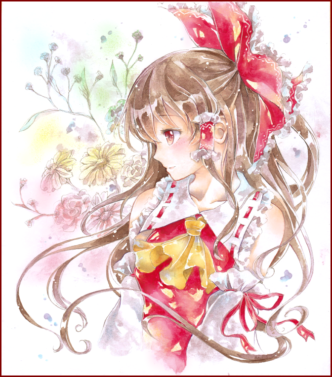 1girl ascot baby's-breath border bow brown_hair bust colored_pencil_(medium) daisy detached_sleeves floral_background flower hair_bow hair_tubes hakurei_reimu hoppesatou light_smile long_hair marker_(medium) profile red_eyes solo touhou traditional_media vest watercolor_(medium) white_background