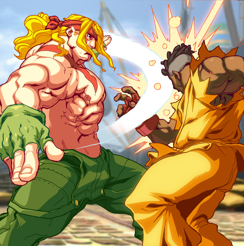 2boys alex_(street_fighter) blonde_hair collaboration cornrows dark_skin dougi ebony espen_grundetjern fingerless_gloves gloves headband in_the_face joe_ng long_hair multiple_boys muscle ponytail punching sean_matsuda shirtless sleeveless street_fighter street_fighter_iii tattoo udon_entertainment