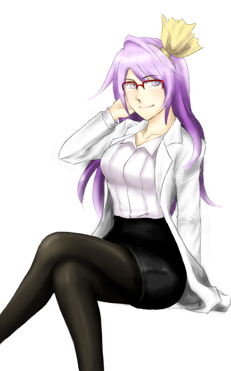 asakura_rikako aterumichino black_legwear black_skirt breasts collared_shirt crossed_legs glasses hair_ribbon hand_in_hair highres hips labcoat large_breasts long_hair looking_at_viewer purple_hair raised_eyebrow red-framed_glasses ribbon simple_background sitting skirt touhou touhou_(pc-98) violet_eyes white_background