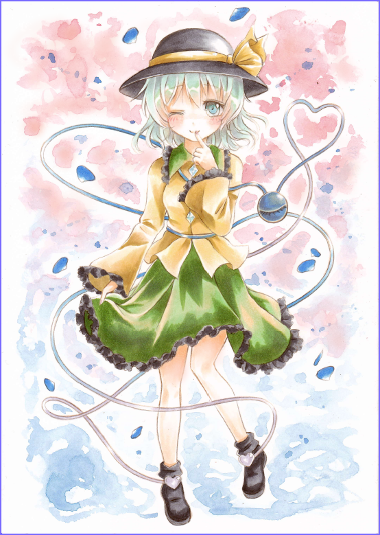 1girl ankle_boots aqua_hair blouse blue_border blue_eyes boots colored_pencil_(medium) finger_to_mouth frilled_skirt frilled_sleeves frills full_body gradient gradient_background hat hat_ribbon heart heart_of_string hoppesatou komeiji_koishi looking_at_viewer marker_(medium) one_eye_closed petals ribbon short_hair skirt skirt_hold smile solo standing_on_one_leg third_eye touhou traditional_media watercolor_(medium)
