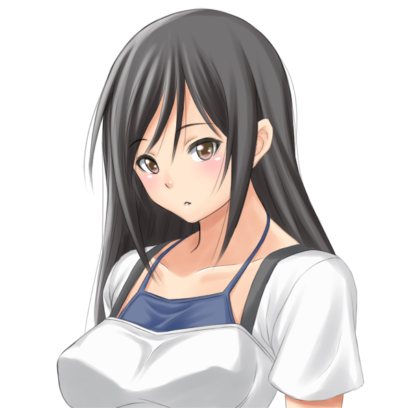 1girl ashisu_sahoto black_hair blush brown_eyes bust long_hair looking_at_viewer mangaka-san_to_assistant-san_to muffin_(sirumeria) open_mouth shiny simple_background solo white_background