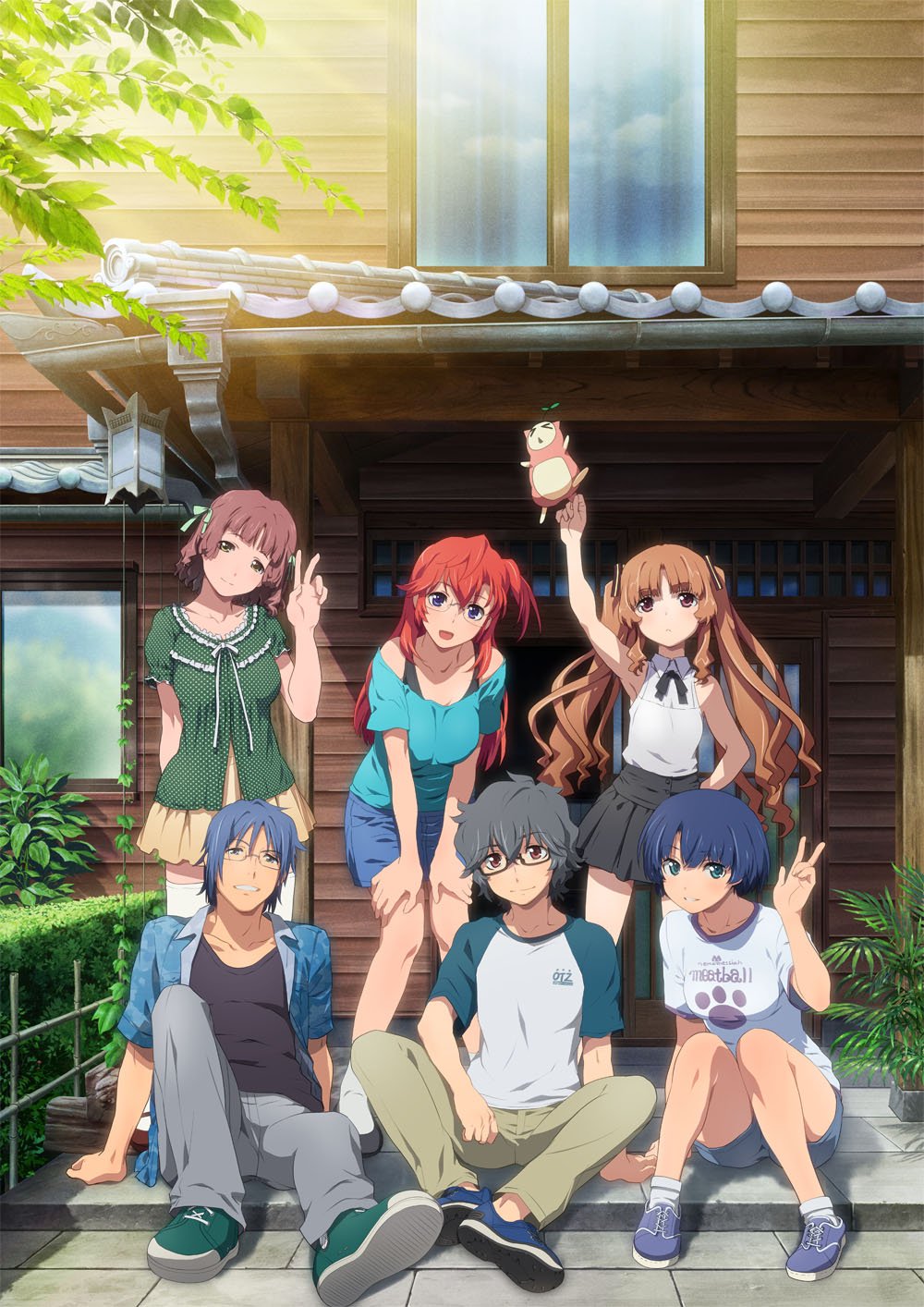 &gt;_&lt; 2boys 4girls ano_natsu_de_matteru artist_request blue_eyes blue_hair brown_eyes brown_hair casual glasses green_eyes grey_hair highres ishigaki_tetsurou kitahara_mio long_hair multiple_boys multiple_girls official_art raglan_sleeves redhead ribbon rinon_(ano_natsu_de_matteru) short_hair skirt smile takatsuki_ichika tanigawa_kanna thigh-highs twintails yamano_remon