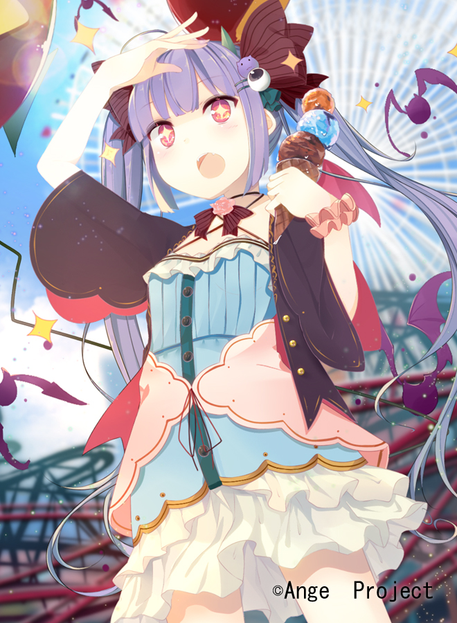 +_+ 1girl ange_vierge arm_up bat blush ferris_wheel food frills hair_ornament ice_cream long_hair nmaaaaa open_mouth original purple_hair red_eyes searching skirt smile solo tail twintails
