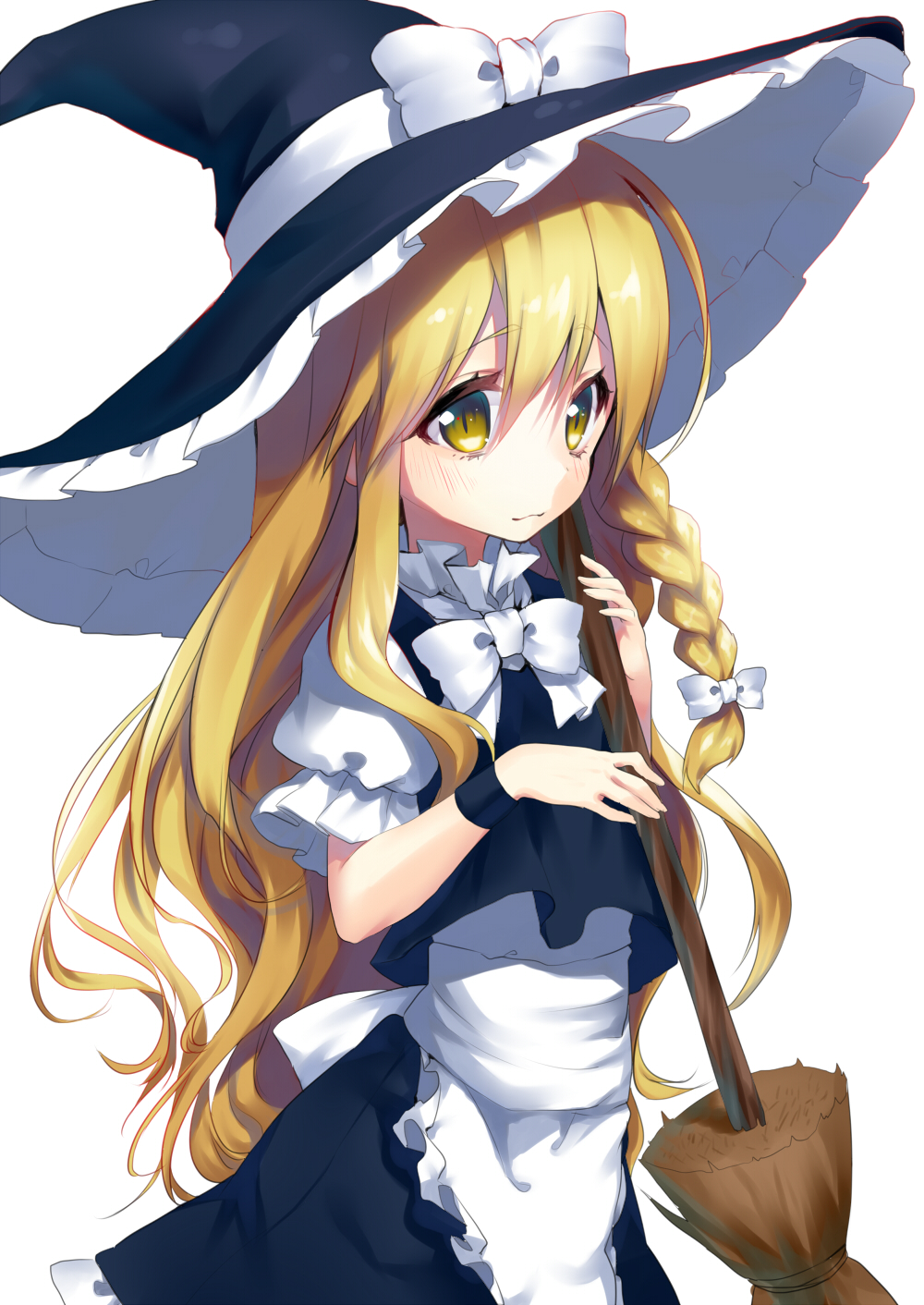 1girl apron blonde_hair bow braid broom hat hat_bow highres hijiri-ssh kirisame_marisa long_hair shirt simple_background single_braid skirt skirt_set solo touhou very_long_hair vest waist_apron white_background witch_hat wrist_cuffs yellow_eyes