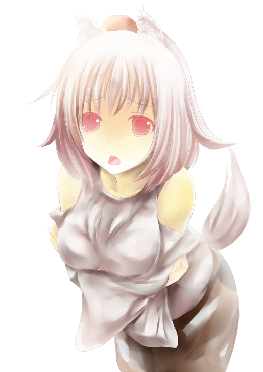 1girl animal_ears bare_shoulders breast_hold breasts collarbone detached_sleeves hat inubashiri_momiji large_breasts looking_at_viewer open_mouth pom_pom_(clothes) red_eyes short_hair silver_hair simple_background solo sorato_jun tail tokin_hat touhou white_background wolf_ears wolf_tail