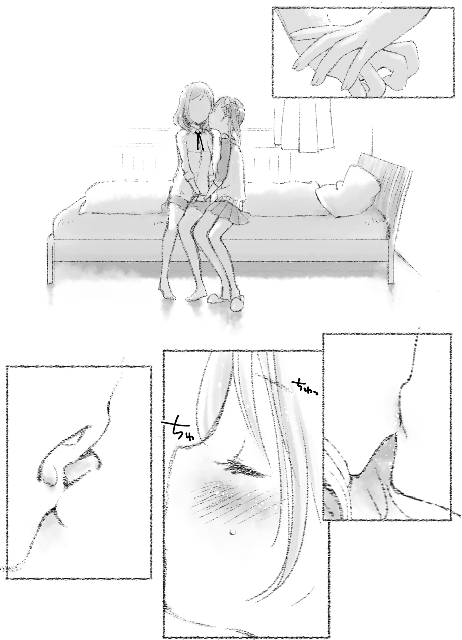 2girls bed bedroom black_hair blush closed_eyes comic couple hands happy highres holding_hands house incipient_kiss kiss lips long_hair love_live!_school_idol_project monochrome multiple_girls nebukuro nishikino_maki short_hair short_twintails skirt soft sweat together tongue tongue_out translation_request twintails yazawa_nico yuri