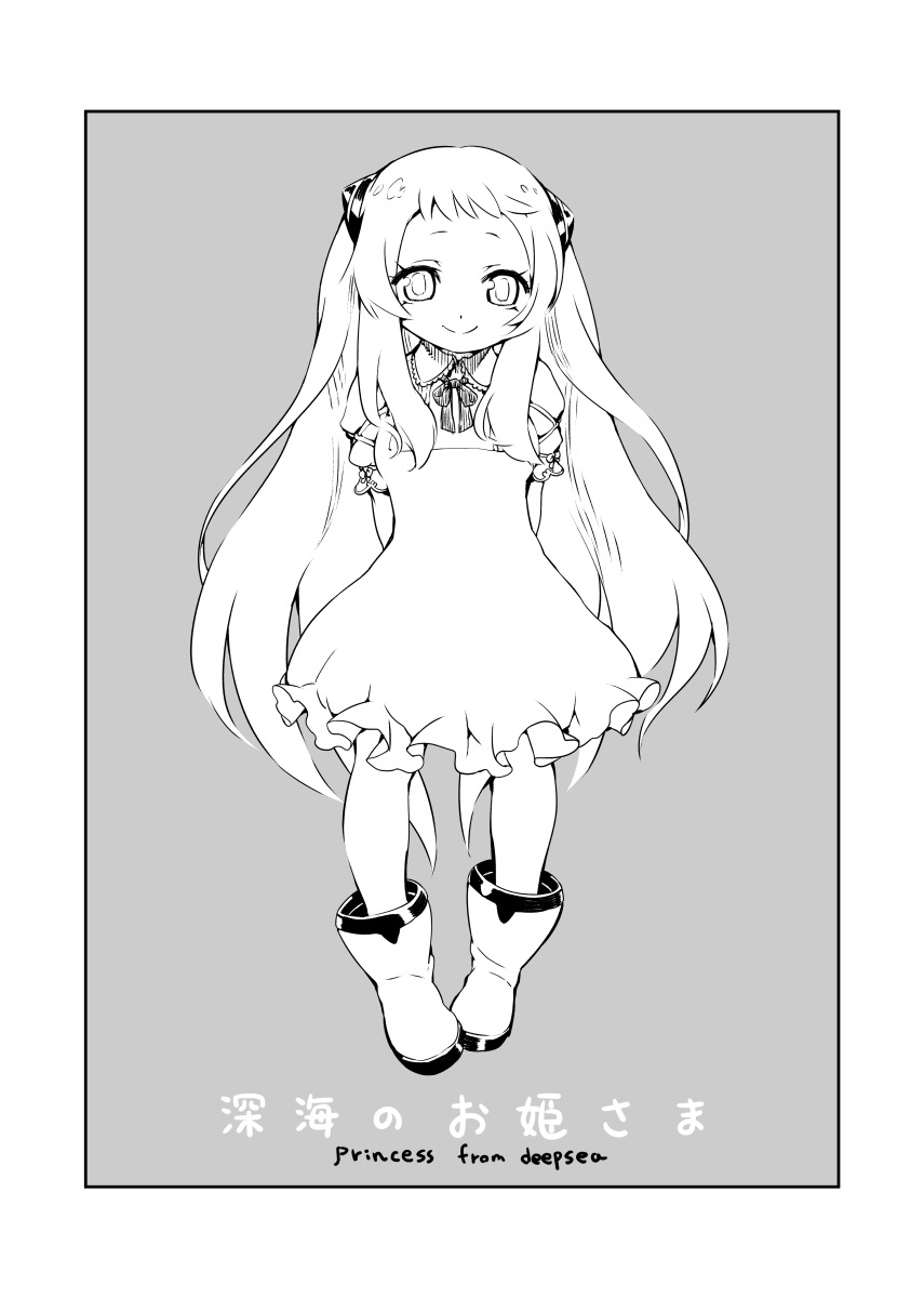 1girl airfield_hime alternate_costume bow casual comic highres horns kantai_collection monochrome nagimiso shinkaisei-kan shoes smile standing tagme translation_request