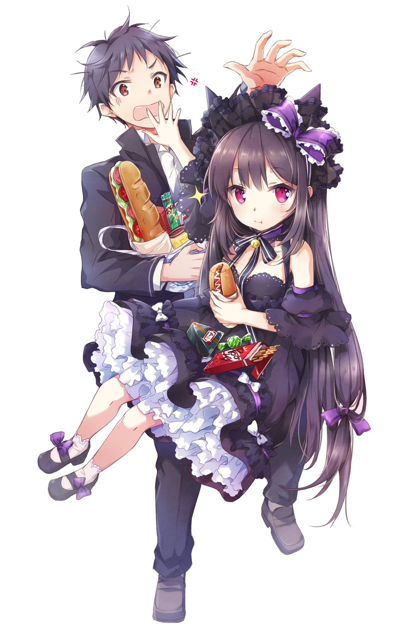 1boy 1girl anger_vein baguette bell bell_collar black_dress black_hair bonnet bow bread brown_eyes collar detached_sleeves dress eating food gothic_lolita hair_bow hair_ribbon highres jacket lolita_fashion long_hair nyanya official_art open_mouth original outstretched_arm pants pocky puffy_short_sleeves puffy_sleeves ribbon shirt short_sleeves simple_background sparkle tress_ribbon very_long_hair violet_eyes white_background