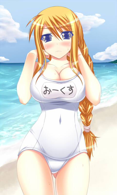 beach blonde_hair blue_eyes blush braid breasts cleavage d_kurouri final_fantasy final_fantasy_tactics large_breasts long_hair ocean one-piece_swimsuit school_swimsuit solo swimsuit translated water white_school_swimsuit