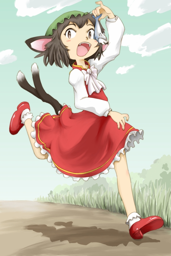 animal_ears ascot black_hair blush_stickers brown_eyes cat_ears cat_tail chen child cloud dangling_over_mouth dress eating fangs fish frills grass hat loafers looking_at_viewer multiple_tails ohyo open_mouth outdoors path red_dress red_shoes running shadow shoes short_hair sky socks solo tail touhou white_legwear