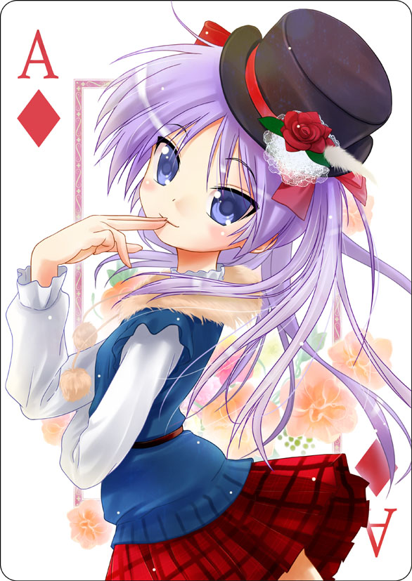 card card_(medium) hair_ribbon hands hat hiiragi_kagami lucky_star playing_card playing_cards pooru porurin_(do-desho) purple_hair ribbon smile tsurime